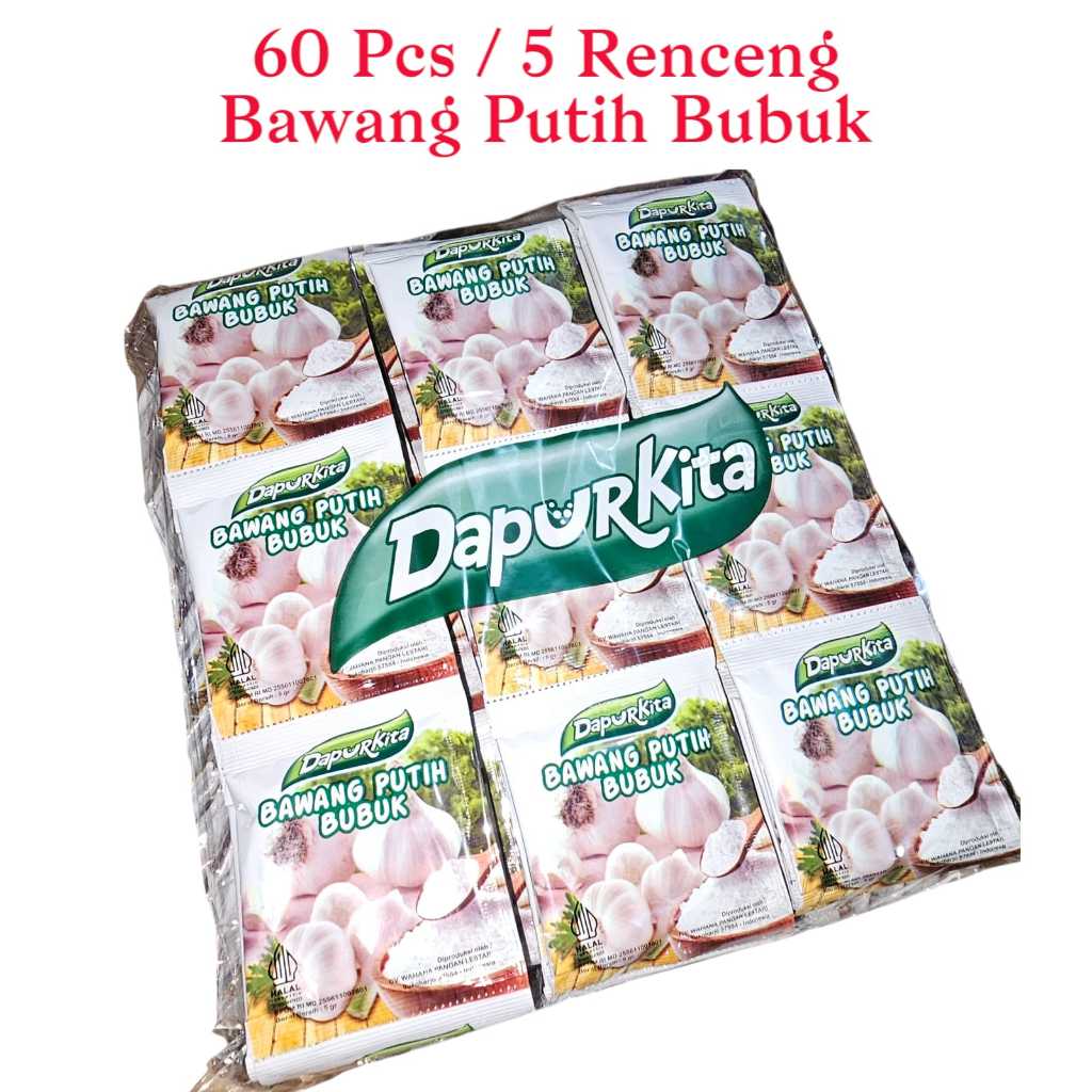 

DapurKita Paket Hemat 5 Renceng Isi 60 PCS Bawang Putih Bubuk Dapur kita Bumbu Dapur Instan