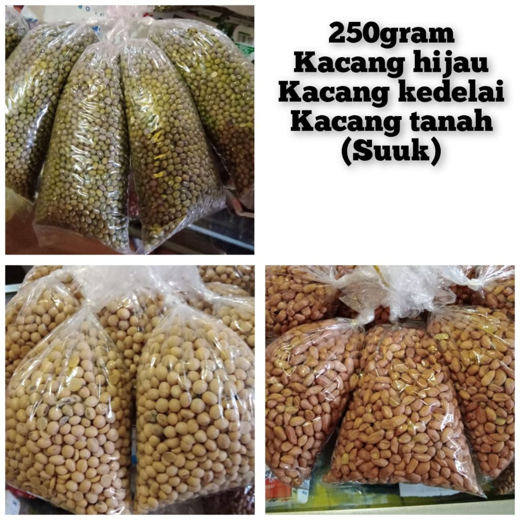 

250 gram kacang hijau ,kacang kedelai & kacang tanah #kacang tanah #kacang kedelai #kacang untuk membuat tempe dan tahu #kacanh hijau untuk bubur kacang #kacang hijau untuk tanam toge #macam macam jenis kacang kacangan untuk di olah makanan #sembako murah