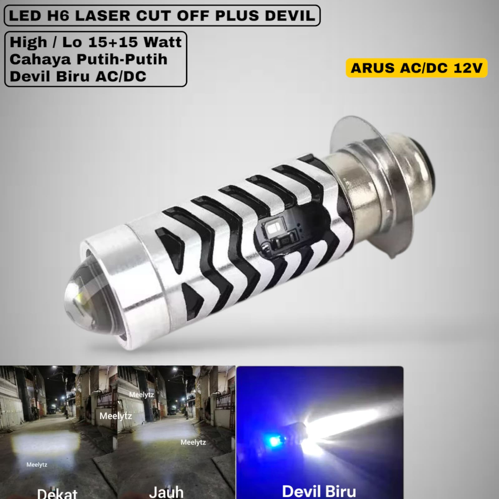 LAMPU UTAMA MOTOR LED H6 LASER CUT OFF JAUH DEKAT PUTIH PUTIH PLUS SENJA BIRU ISI  2 PCS UNIVERSAL P
