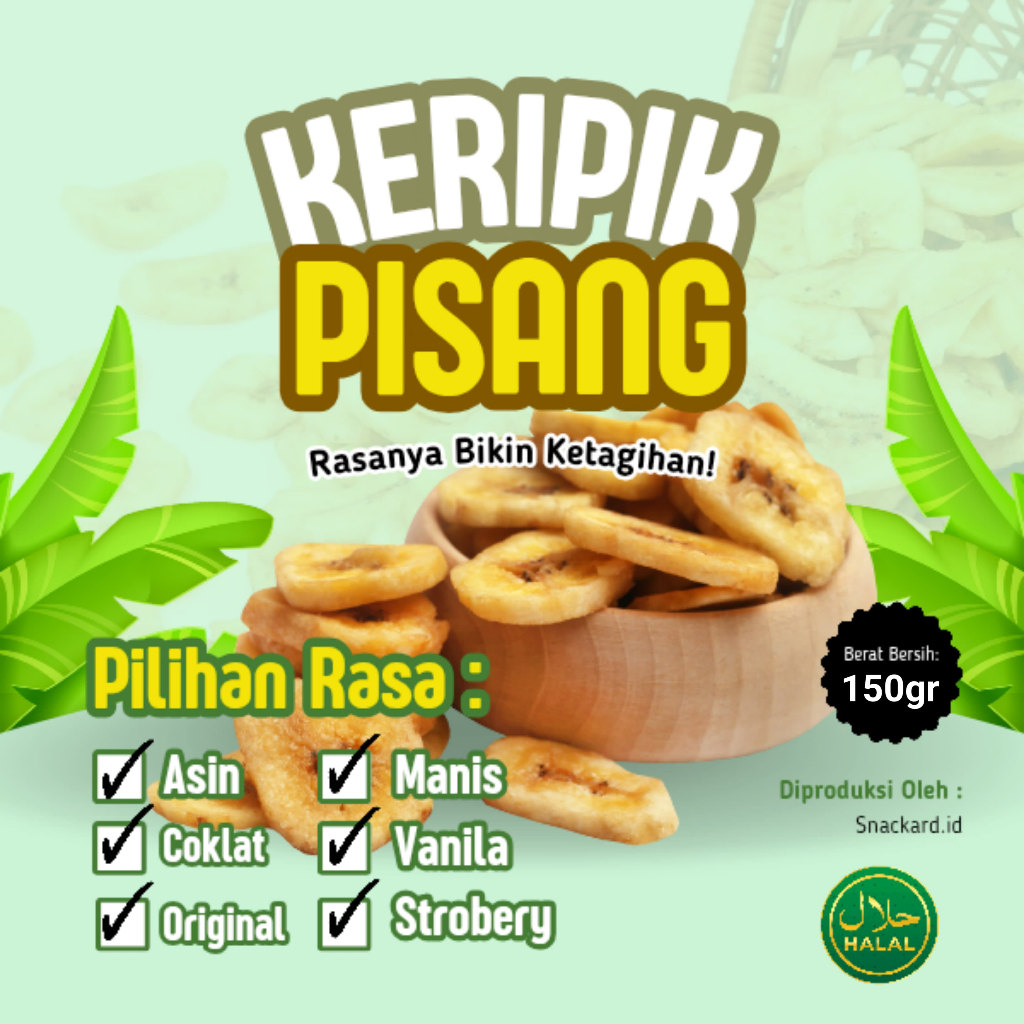 

Snackard Keripik Pisang 150gr Aneka Rasa. Asin Gurih, Coklat, Original, Manis, Vanilla, Strobery