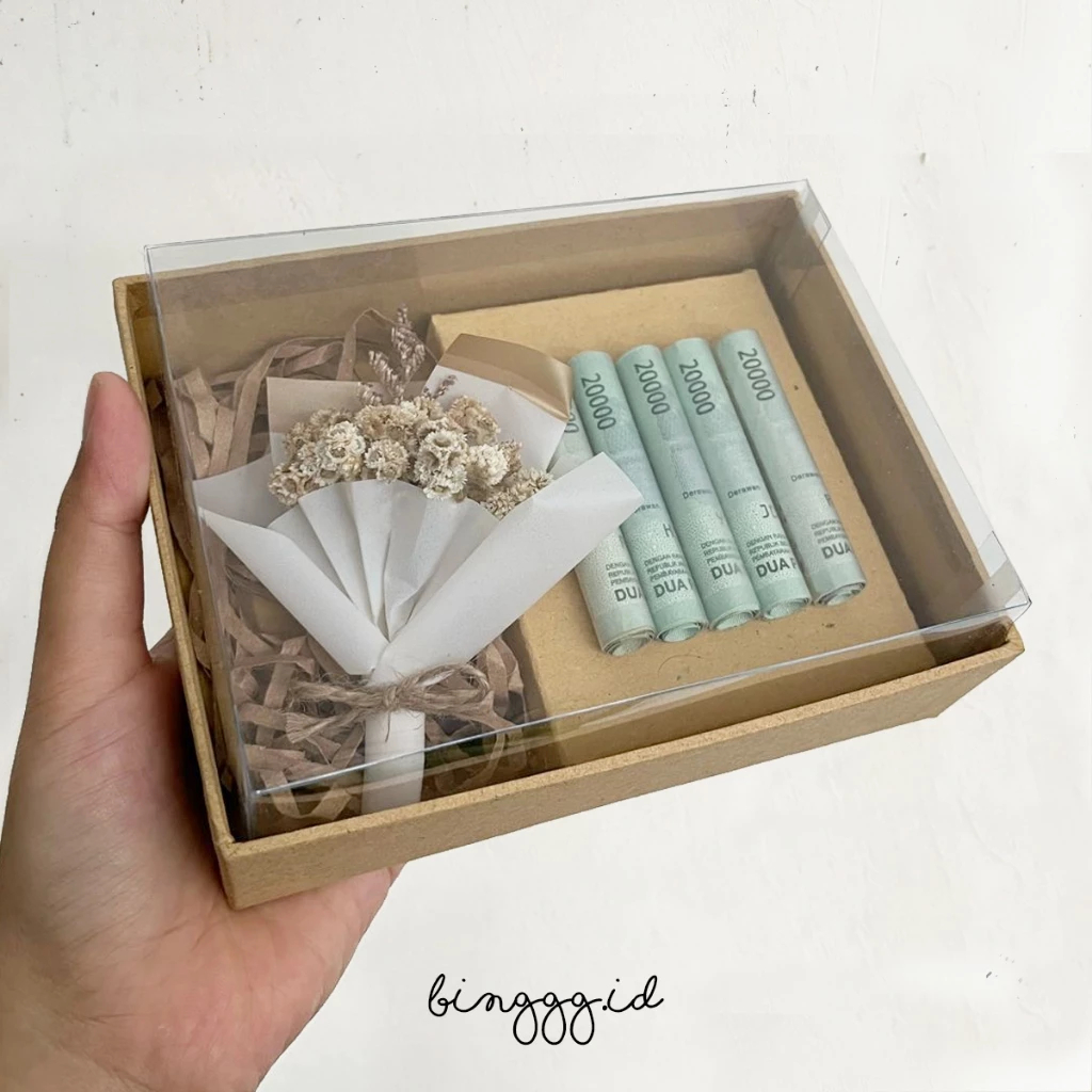 Kotak Kado Tutup Mika untuk Uang / Emas Antam Mini UBS Warna Box Cokelat Natural (Box Saja + Bouquet