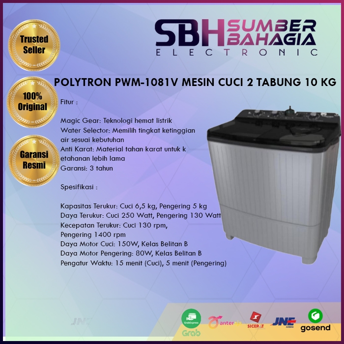 POLYTRON PWM-1081V MESIN CUCI 2 TABUNG 10 KG (NEW) (KHUSUS BANDUNG)