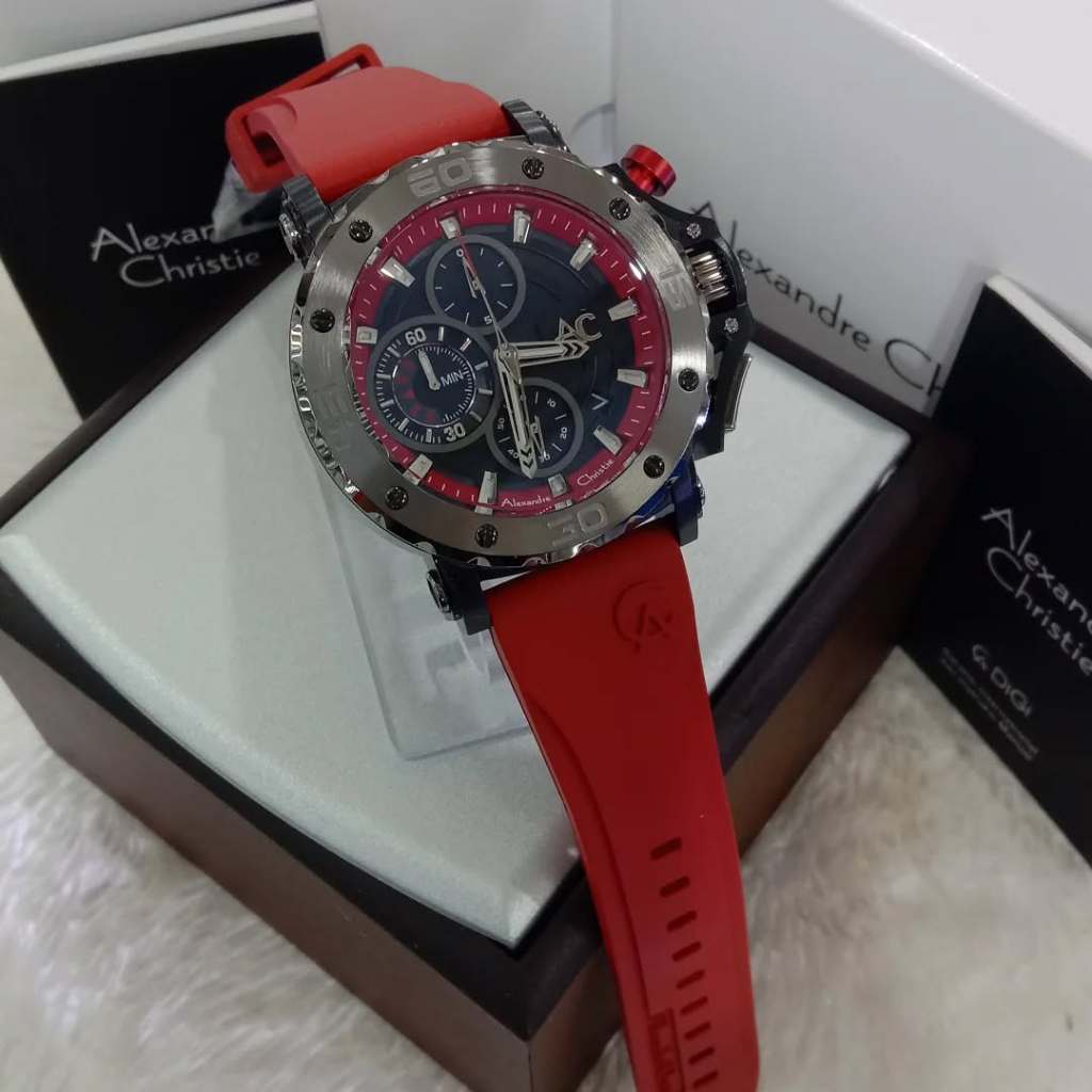 Alexandre Christie Collection AC 9205 MCREPBARE Chronograph Men Black Dial Red Rubber Strap