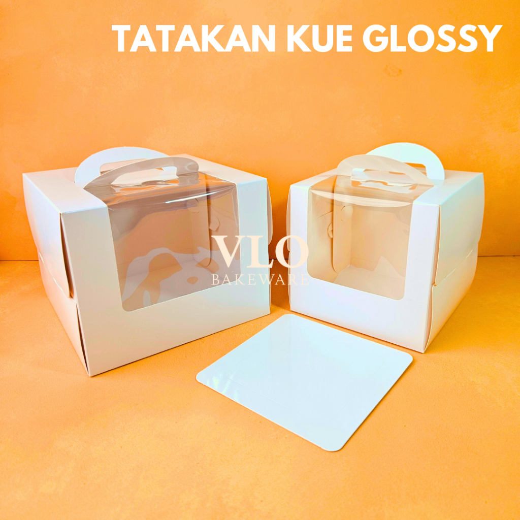 

Kotak kue mika korea handle putih polos tatakan kue glossy | cake box ada handle pegangan tebal premium