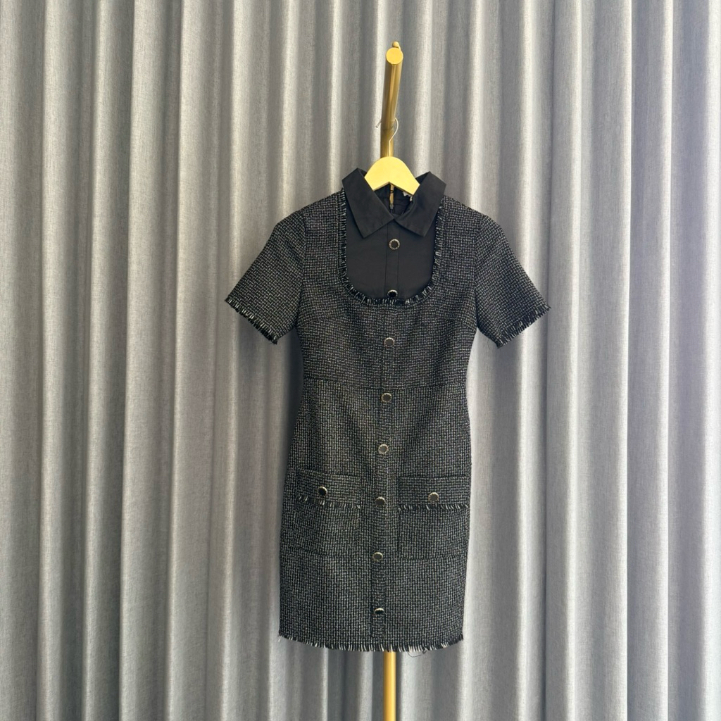 𝙉𝙀𝙒 Pomelo Black Tweed Textured Petite Mini Dress Mewah Fashion Wanita Branded