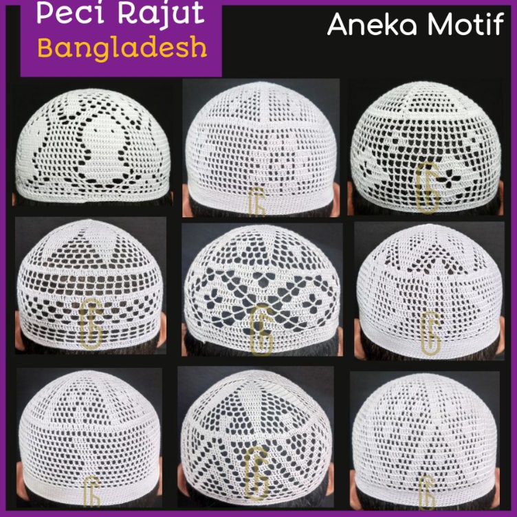 KODE A86V Peci Rajut Bangladesh Aneka Motif Peci Madinah Peci Haji Putih Nyaman