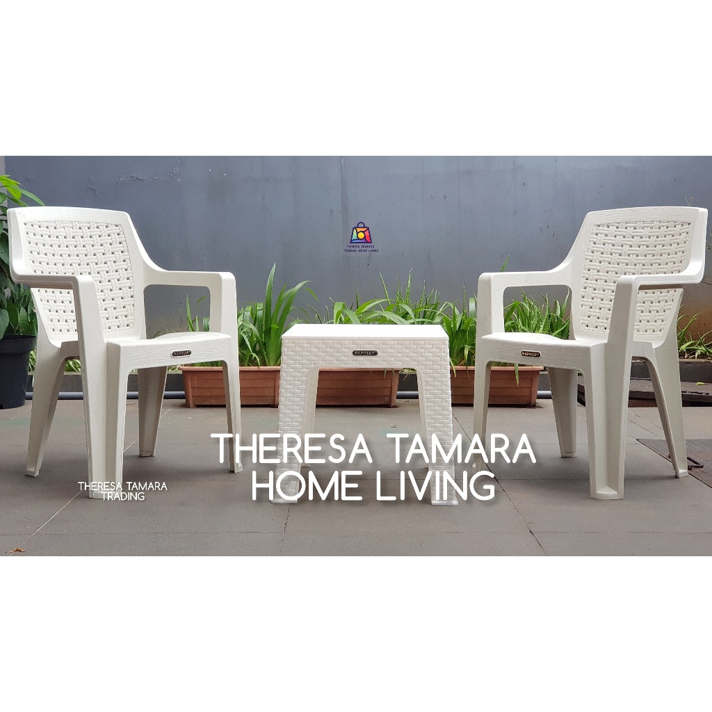 PAKET H1 - 2 KURSI PLASTIK NAPOLLY 732 + 1 MEJA PLASTIK NAPOLLY MINIMALIS INDOOR OUTDOOR [2+1]