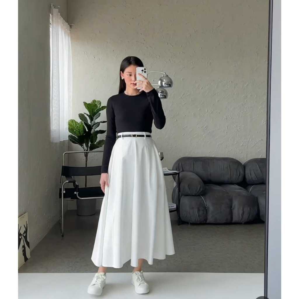 Rok Skirt Panjang Putih Wanita Kerja Kantor Formal - Rok Putih Kekinian Midi Skirt