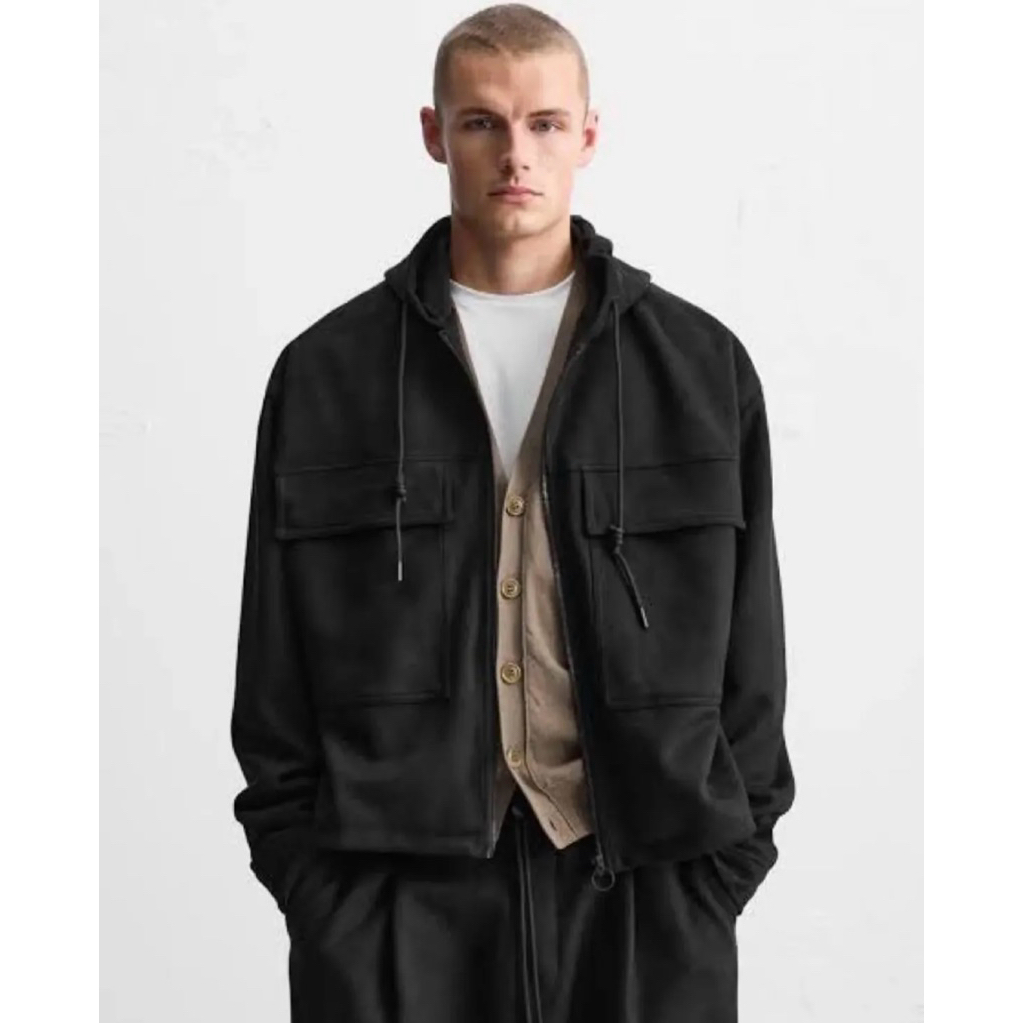 Jaket Zip Hoodie Zara Man Faux Suede