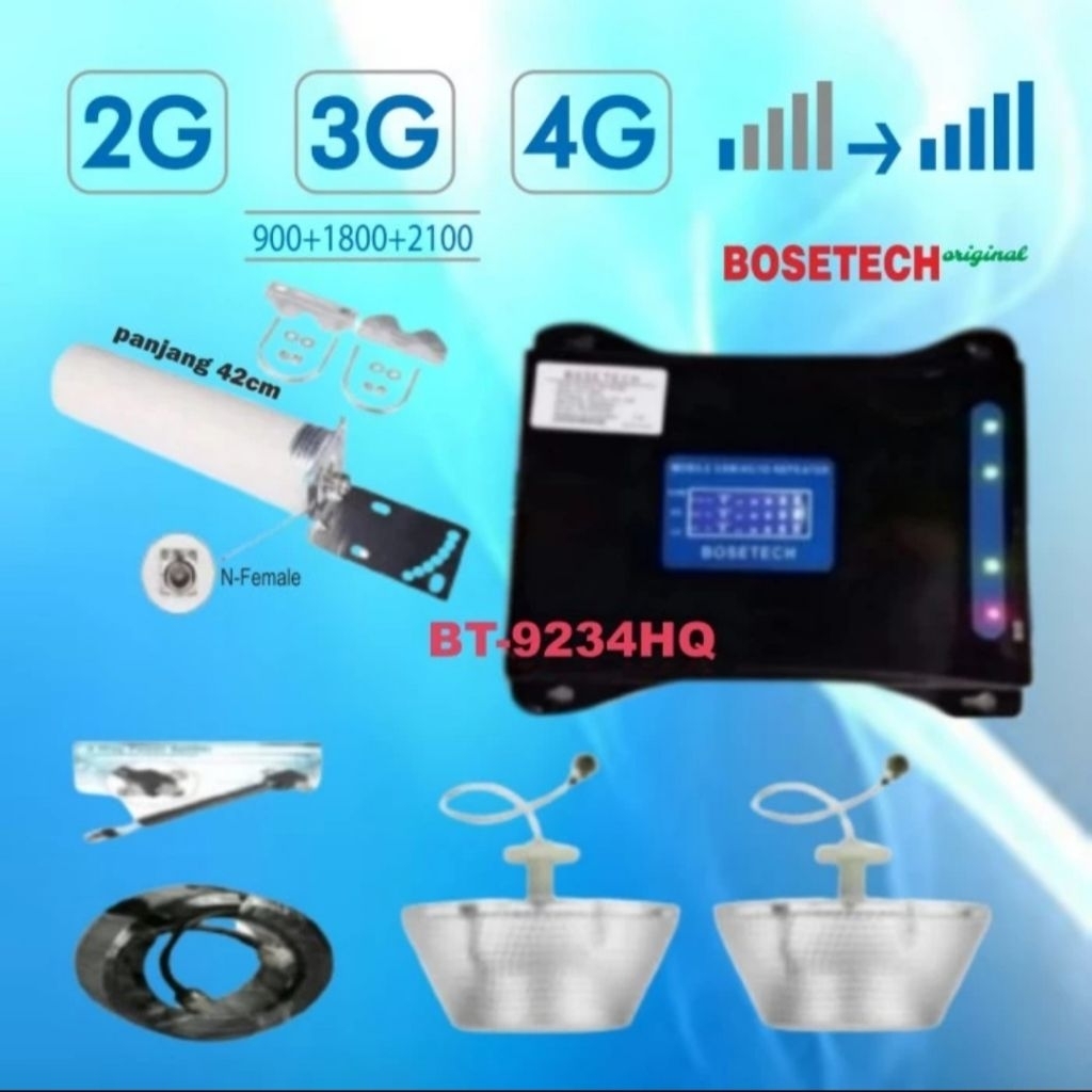 BOSETECH BT-9234HQ Repeater GSM 2 Way Penguat Sinyal Hp LTE 4G 3G 2G Signal Booster Triband Antena O