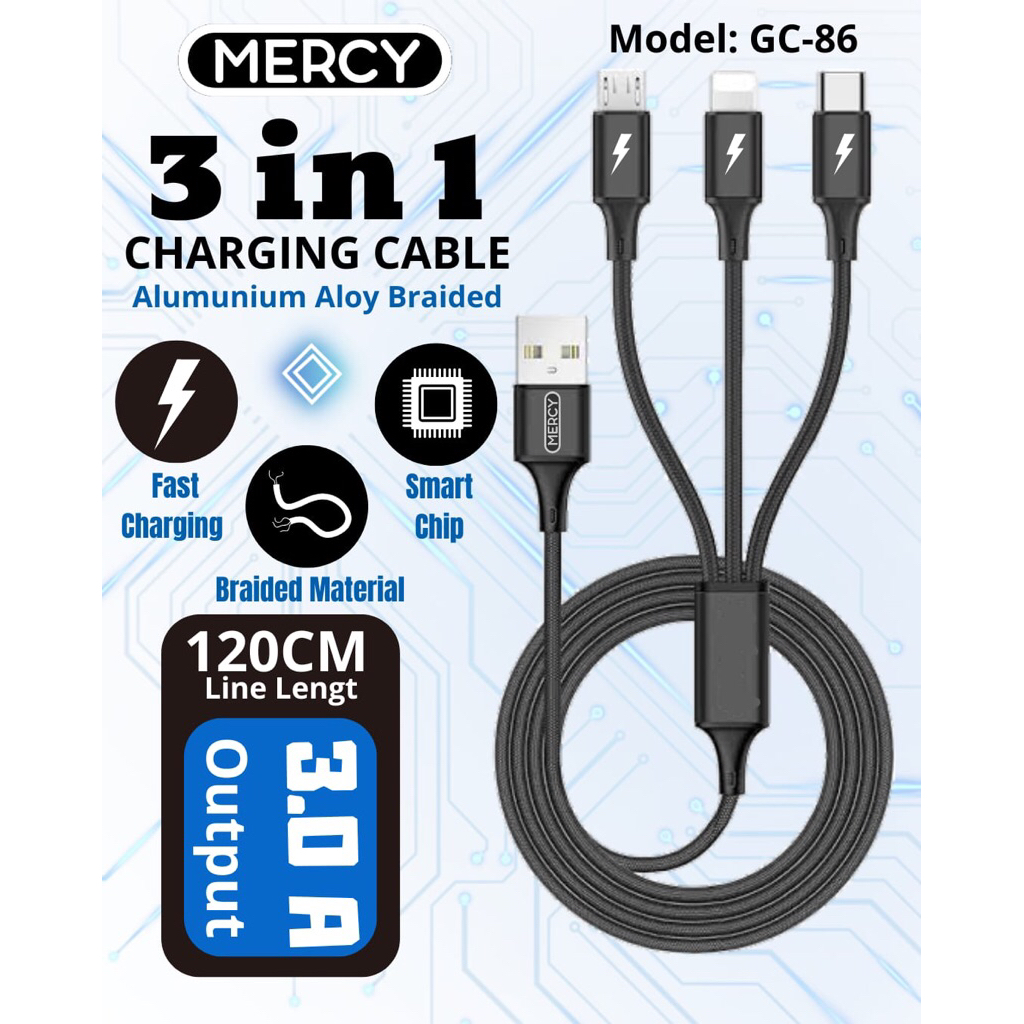 MERCY GC-86 Kabel Data 3A 3in1 USB MICRO,TYPE-C, LIGHTNING Fast Charging