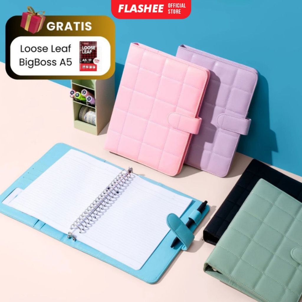 

Flashee Binder Polos Eksklusif A5 Puffy 20 Ring Buku Agenda Kulit Sintetis PU Leather Binder Polos