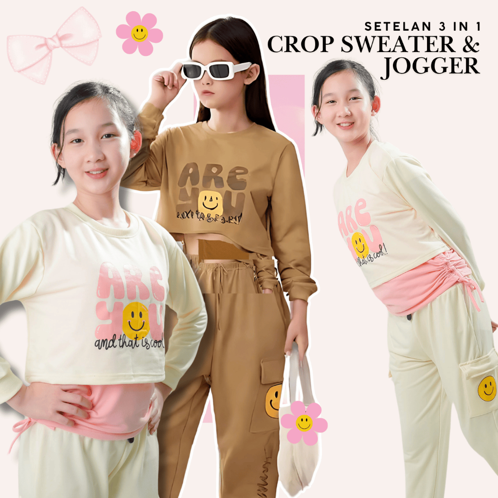Setelan 3 in 1 Anak Cewek | Sweater Crop Trendy, Daleman & Jogger Casual | Usia 6-14 Tahun