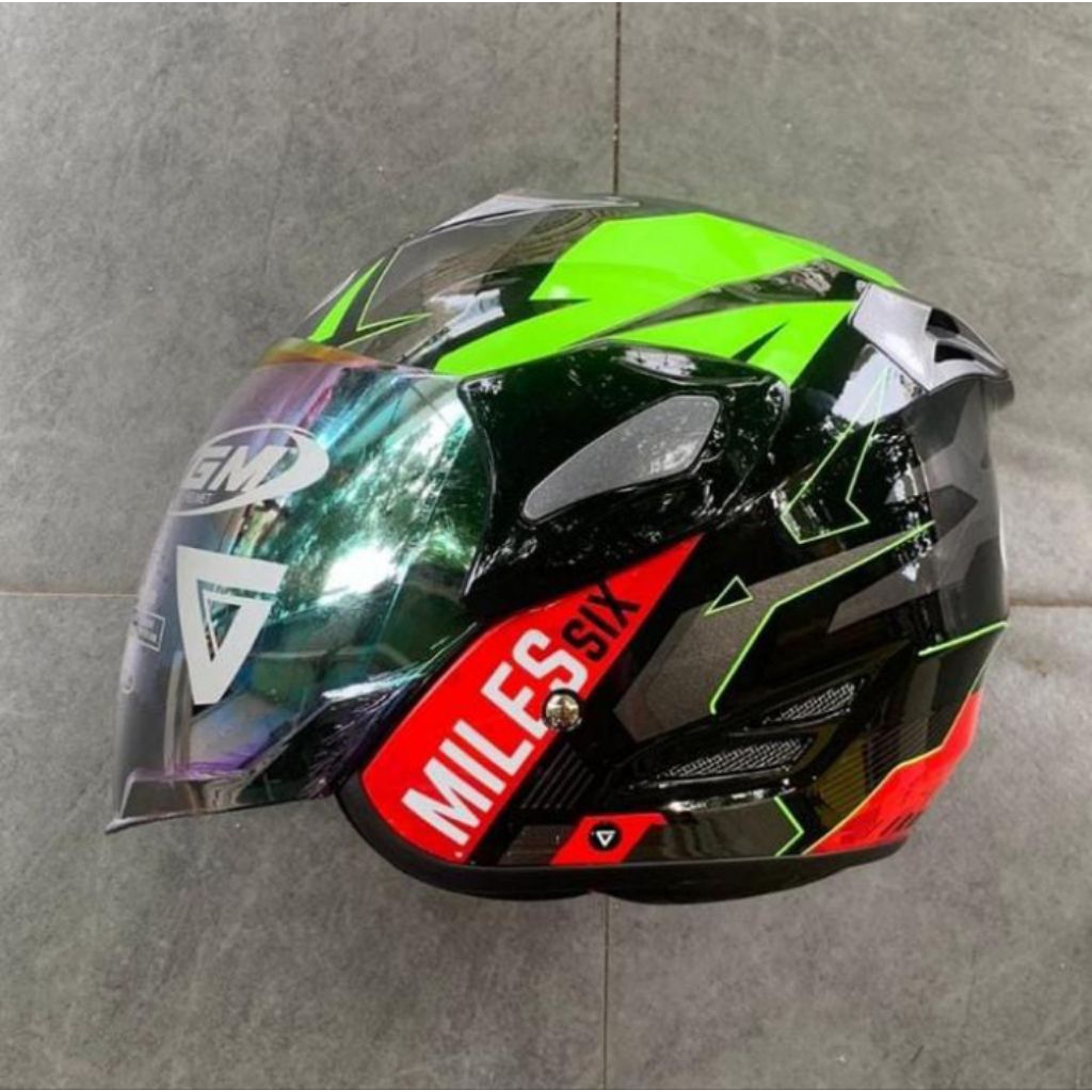 HELM HALF FACE GM FIGHTER MOTIF CORAK SIX MILLES KACA PELANGI RAINBOW