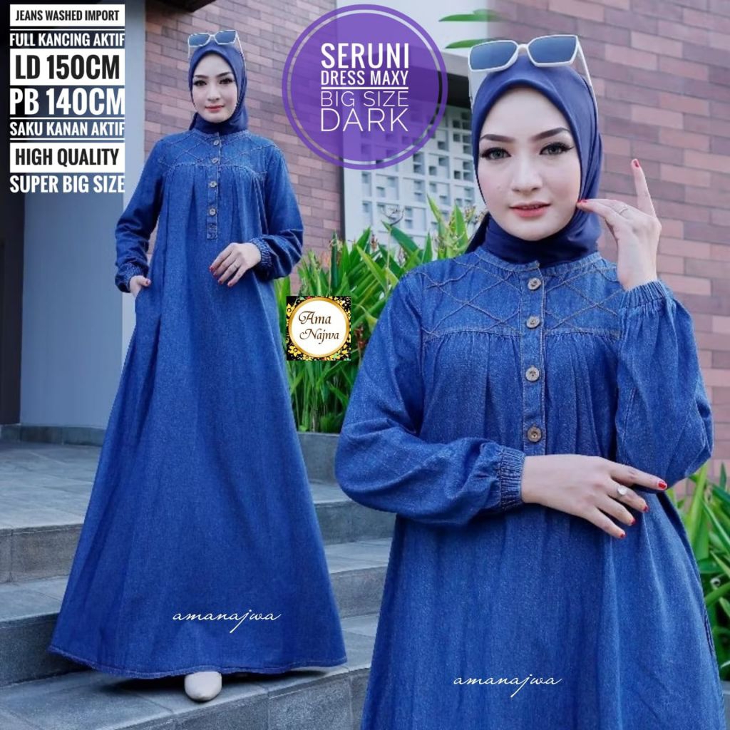 Gamis Jeans Wanita Super Jumbo Big Size Dress LD 128 150 Bahan Jeans Washed Import