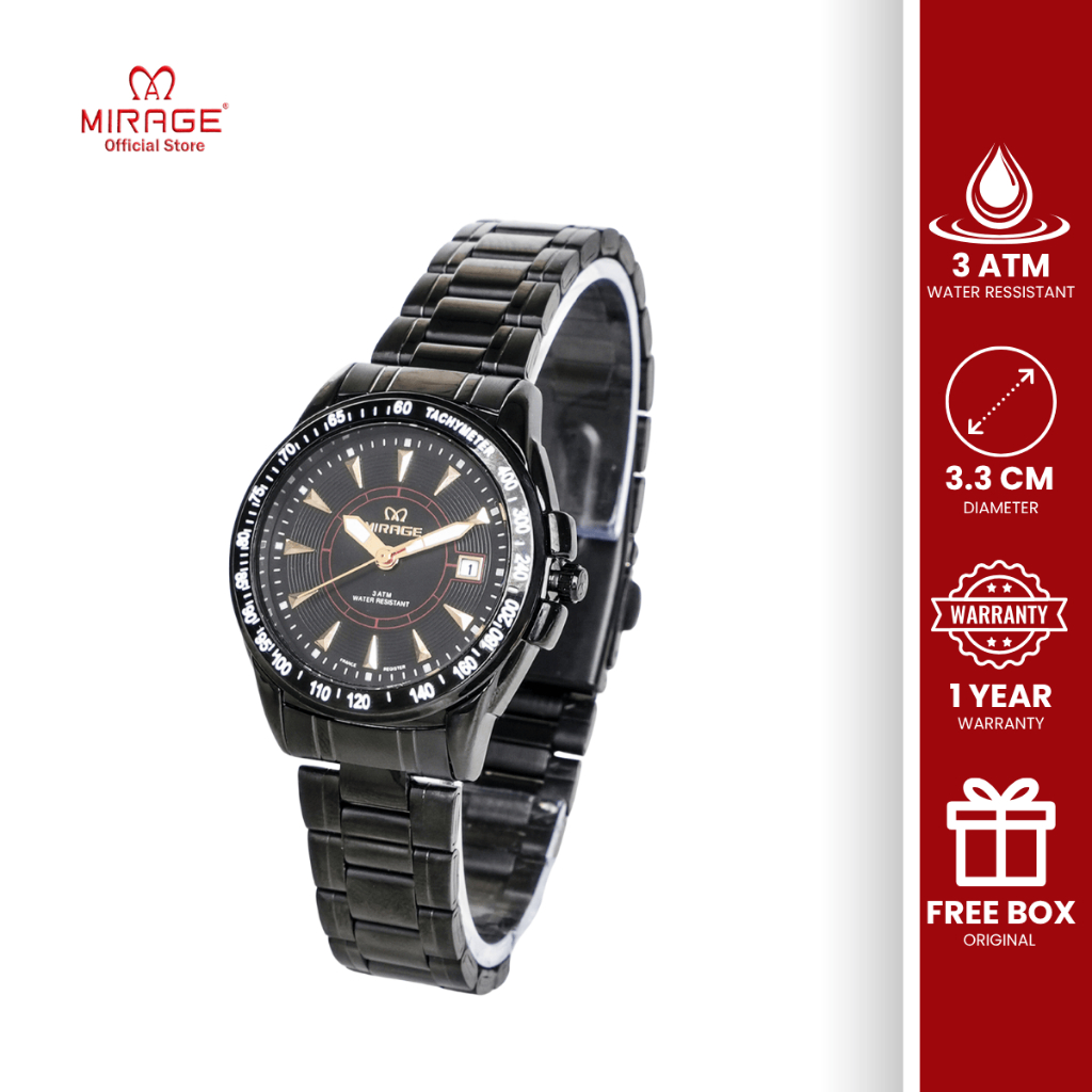Mirage Jam Tangan Analog Anti Air Sporty Kasual Wanita Stainless Hitam Tanggal Aktif 7614 L Original