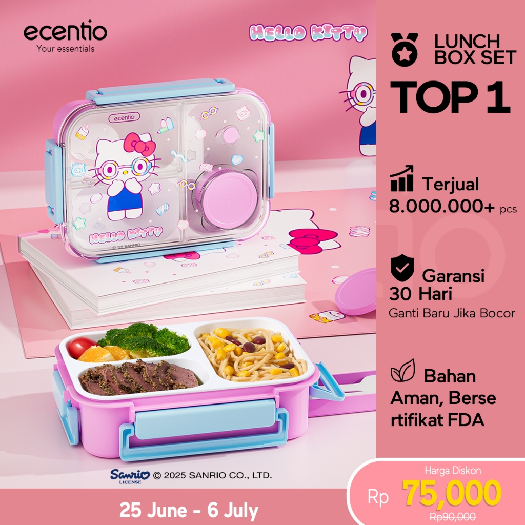 ecentio Kotak Makan anti tumpah lunch box 800ml 3 Gird office lucu free sendok BPA FREE