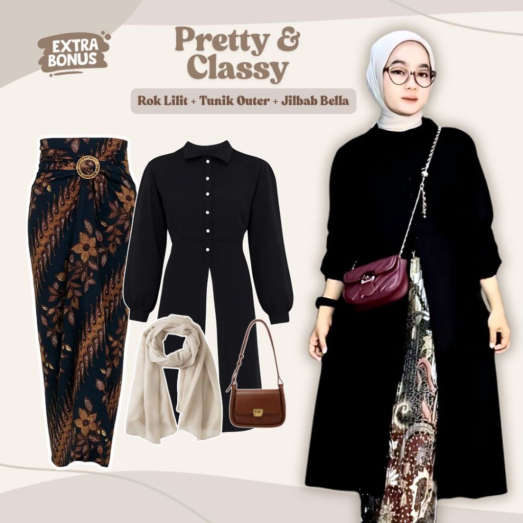 One set outer tunik rok lilit batik jilbab hijab bella segi empat | ootd setelan outfit wanita anak 