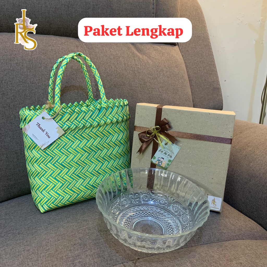 [Paket Lebgkap] Souvenir Mangkok Kaca + Tas Anyaman Hampers Pernikahan Tahlilan