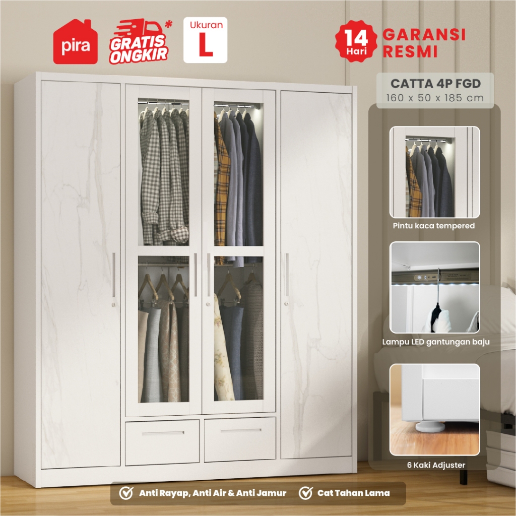 PIRA -  CATTA 4P FGD MWD Lemari Pakaian Besi 4 Pintu dengan Laci dan LED