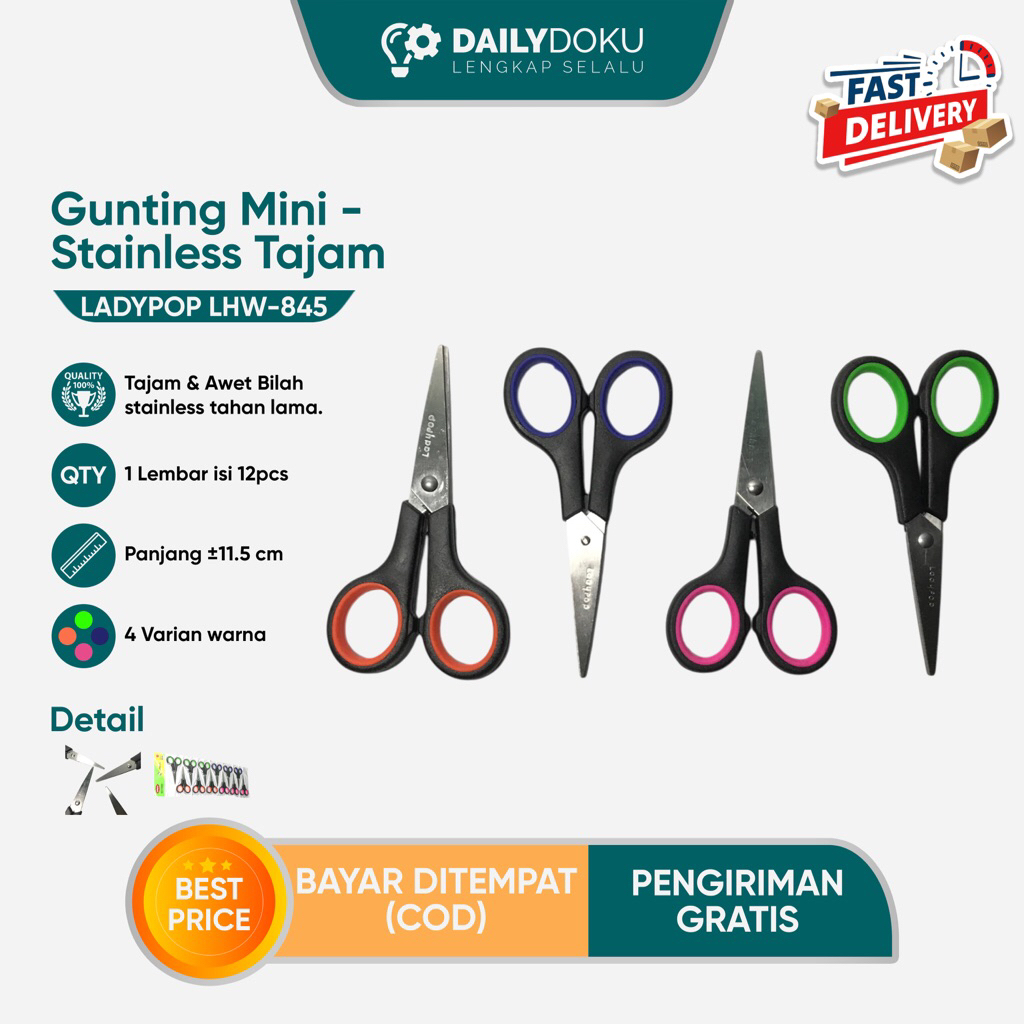 

Gunting Renceng 11.5cm Mini Stainless 12pcs Ladypop LHW-845 Gunting Tajam Serbaguna Grosir ATK Sekolah