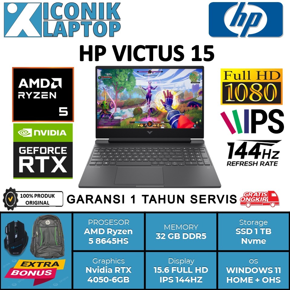 Laptop Gaming HP VICTUS 15 Nvidia RTX 4050-6GB AMD Ryzen 5 8645H Ram 32 GB Ssd 1 TB Layar 144Hz