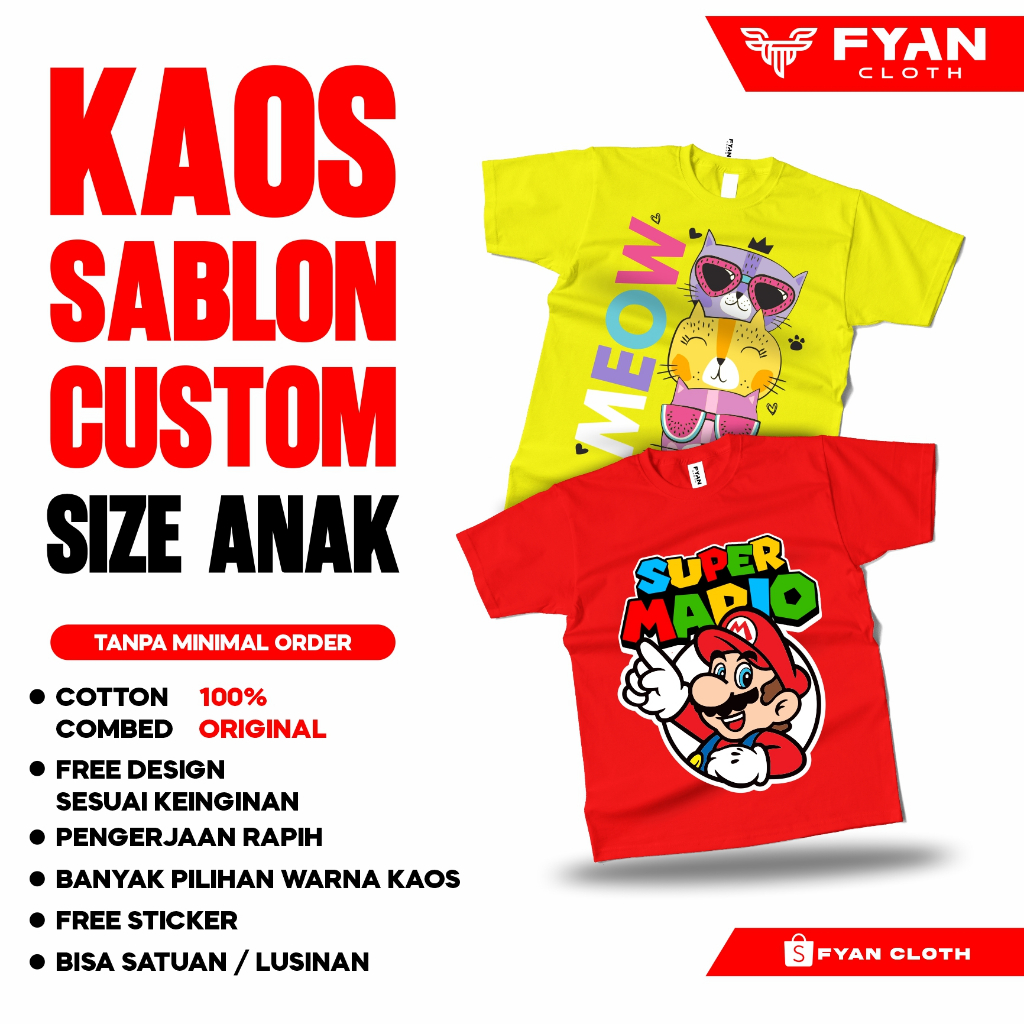 KAOS SABLON CUSTOM SIZE ANAK DESIGN BEBAS BISA FOTO GAMBAR LOGO / FAMILY COUPLE  (Free Desain) - fya
