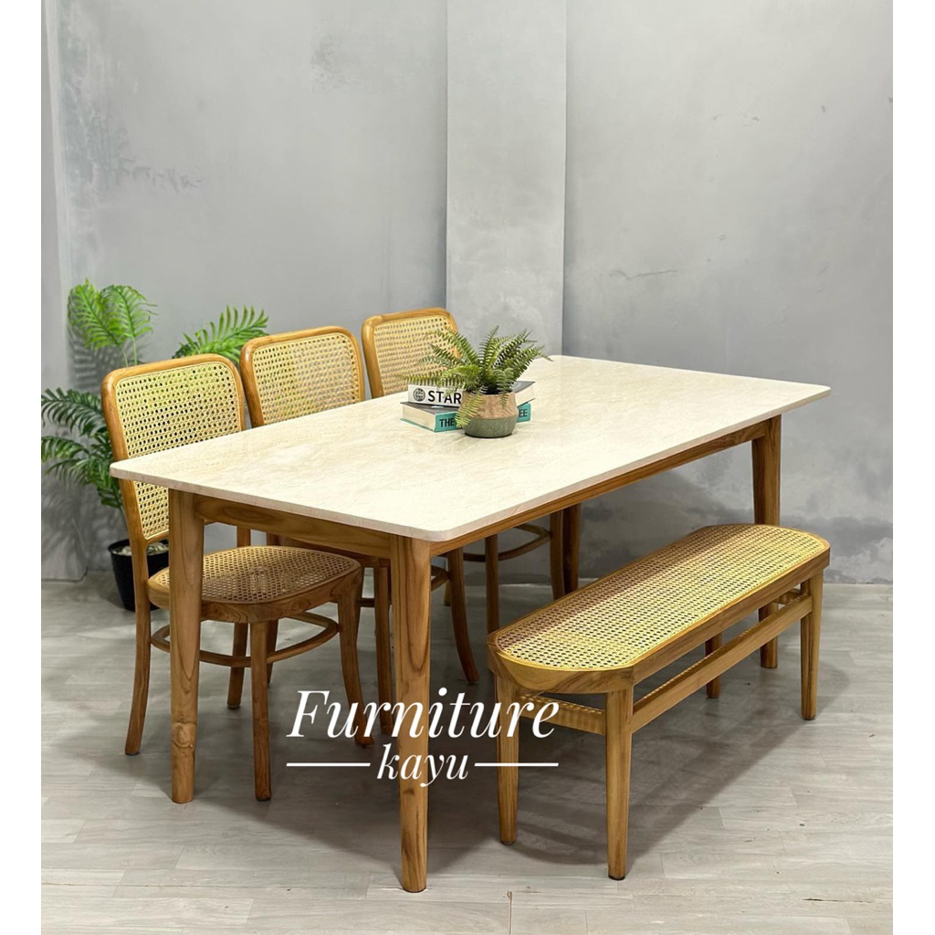 set meja makan kayu jati, set meja makan 3 kursi 1 bangku kayu jati, meja makan top marmer kayu jati