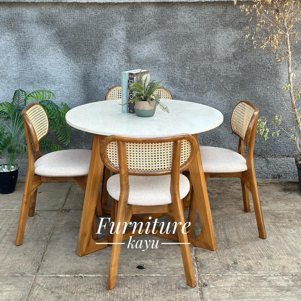 meja makan bulat kayu jati, set meja makan bulat 4 kursi rotan kayu jati, meja makan bulat top marme