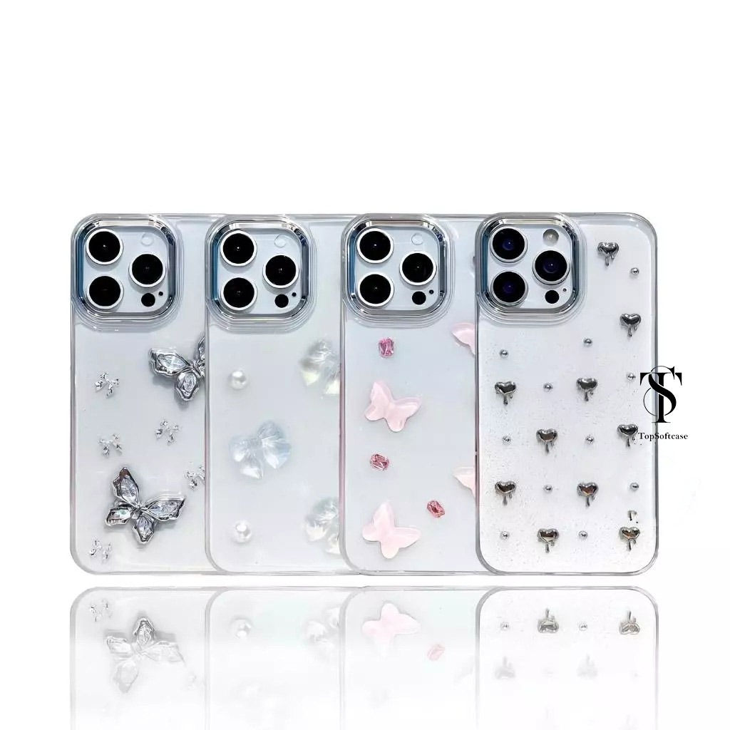 Case Iphone LUX 3D Silver 4 Motif Clear Glitter - Hardcase/Case Hp Compatible For Iphone XR 11 12 13
