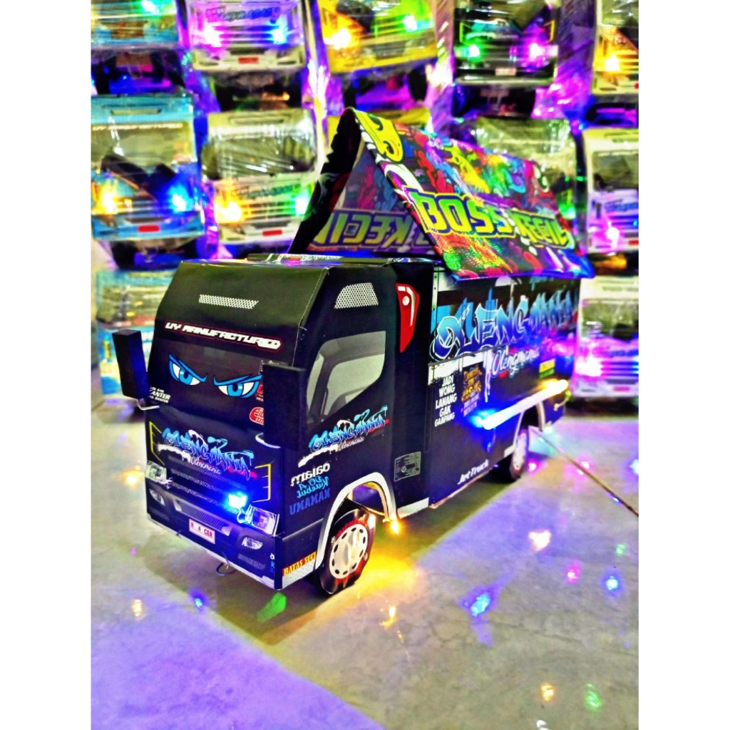OBRAL Mainan Truk Oleng HITAM Miniatur Triplek Kayu FULLVARIASI TERPAL MOTIF & LAMPU LED RGB