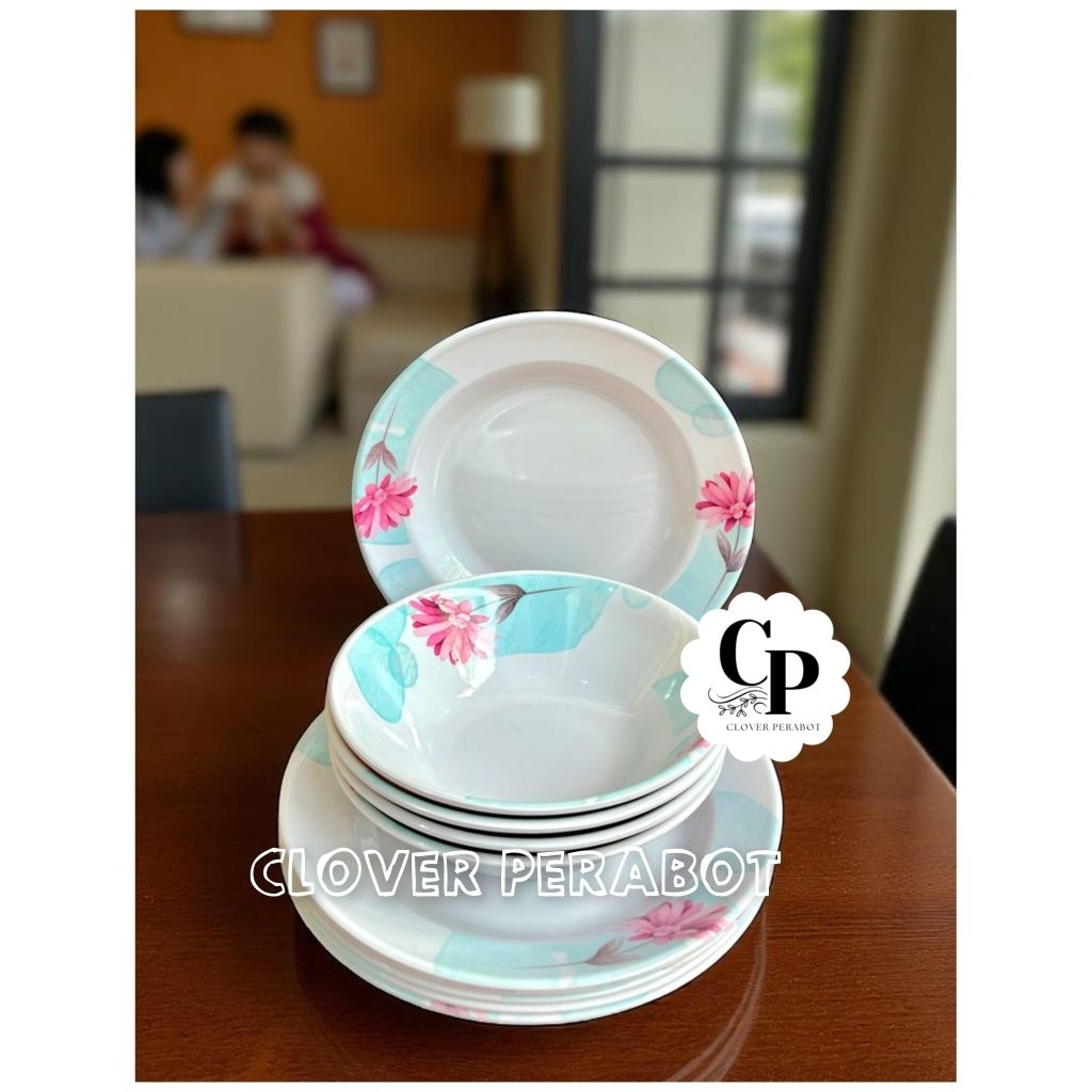 Gratis Ongkir Paket Set Melamin 1.Lusin Isi 6 Piring 6 Mangkok Melamin Motif Aster Ukuran 9 Inch Sni