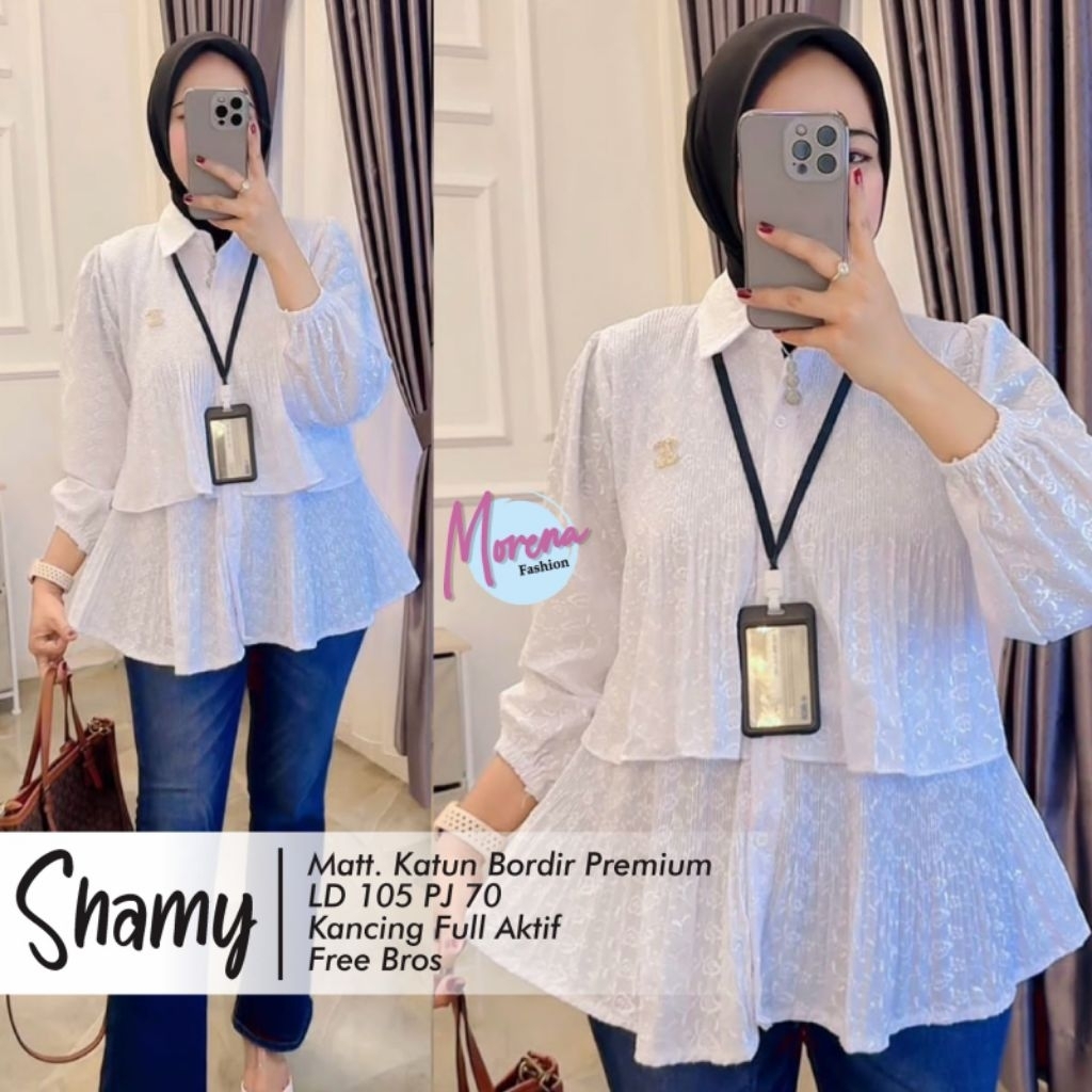 Atasan Kemeja Blouse wanita Putih katun bordir panjang cantik Resmi Elegan Jumbo