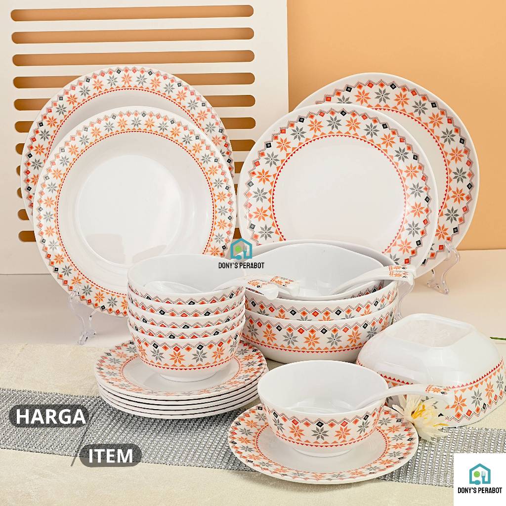 Piring Mangkok Set Melamin (Motif Tidak Pudar) Piring Motif Bunga Bohemian Merah | keramik Imitasi