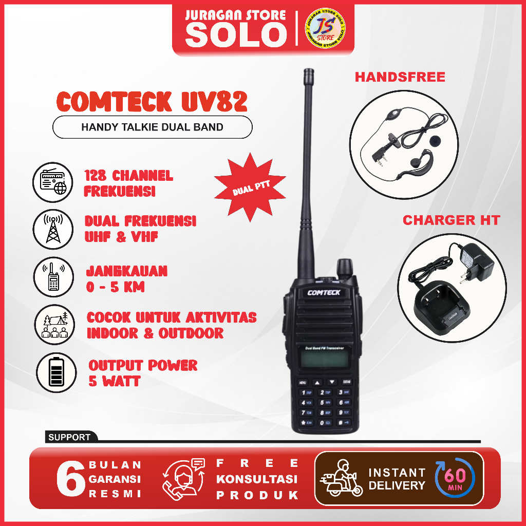 HT Comteck UV 82 Dual PTT UHF & VHF 5watt Up to 5KM Original Bergaransi
