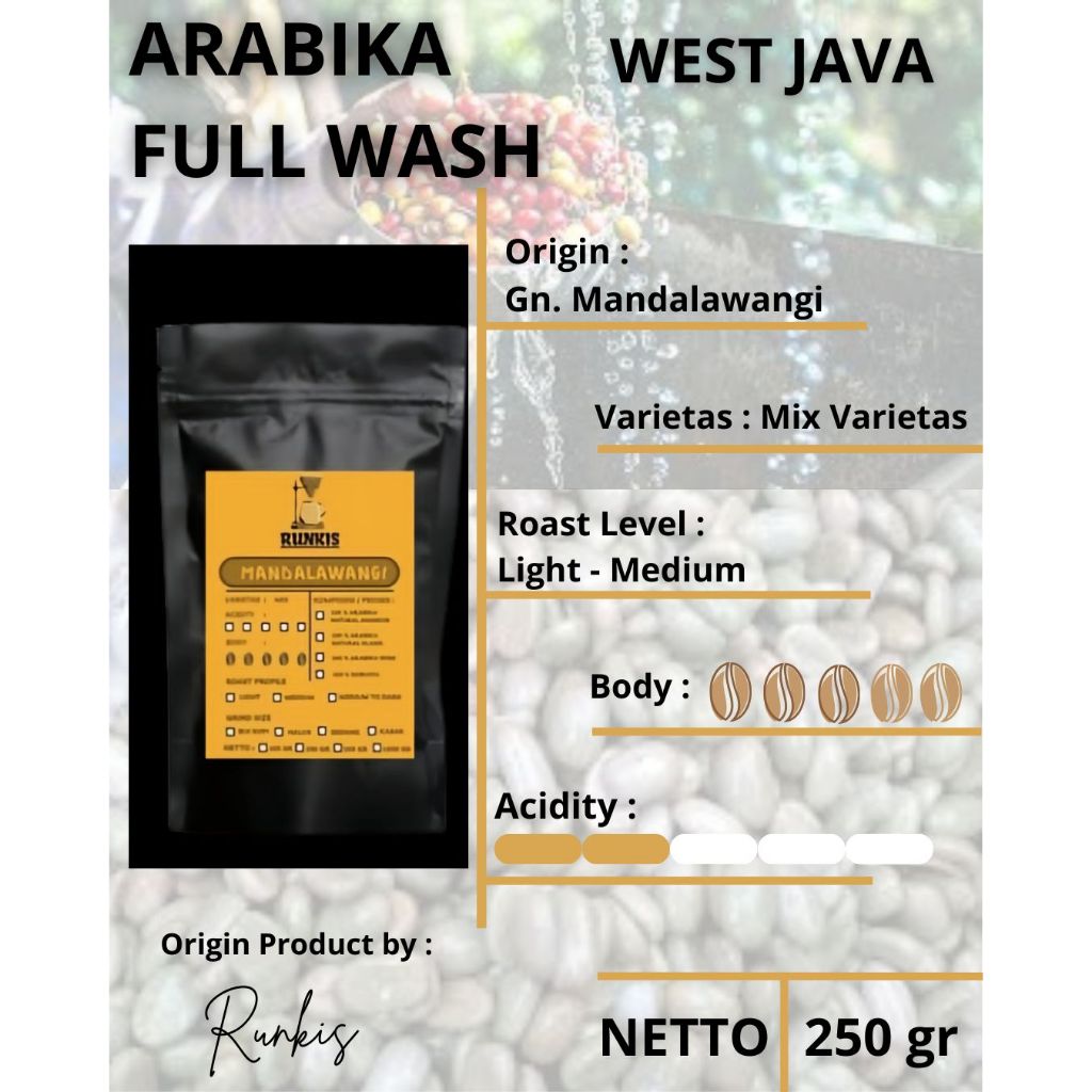 

RUNKIS Biji Kopi Arabika fullwash 250gr origin Mandalawangi