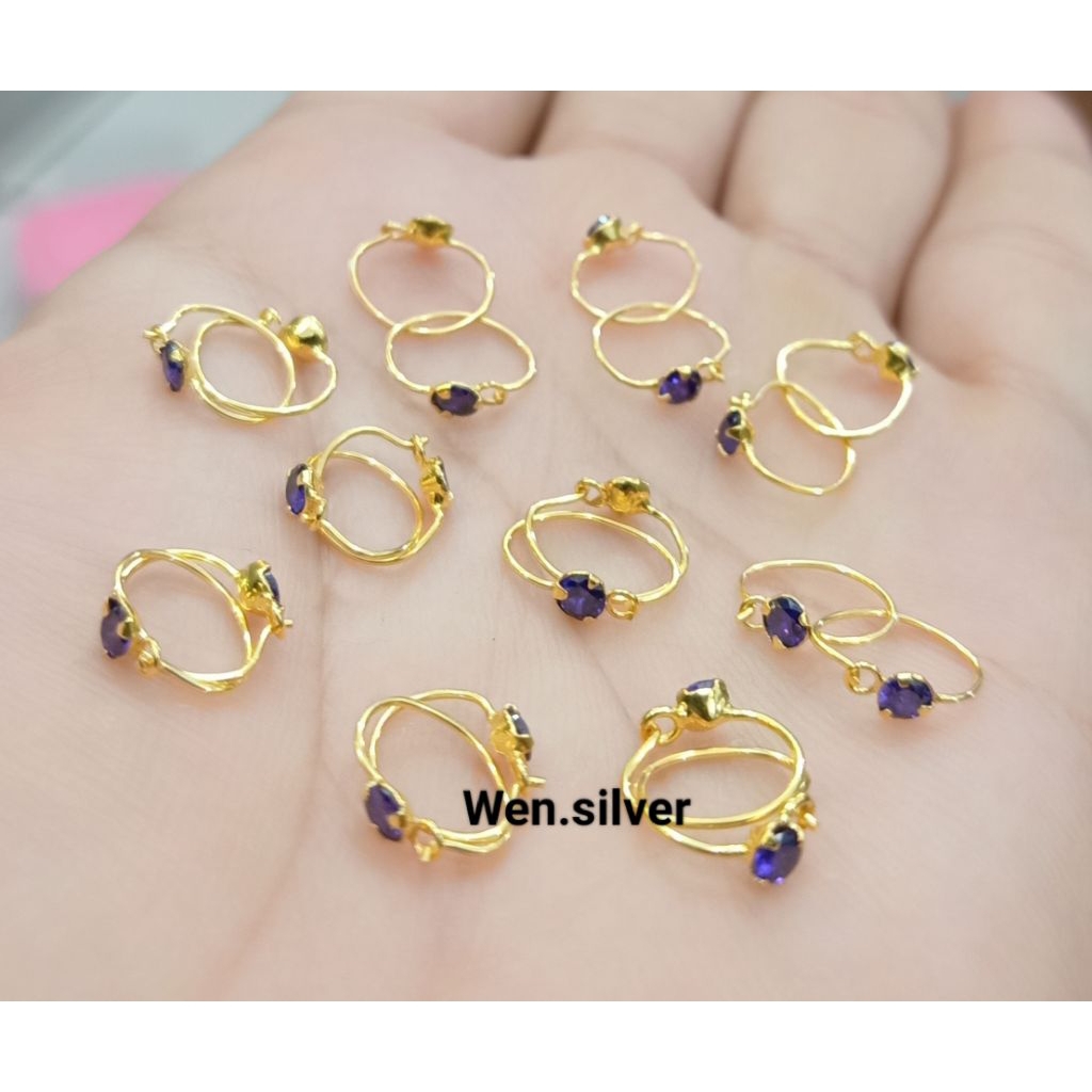 ANTING KENIP ANAK PERMATA UNGU PERAK 925 ASLI LAPIS EMAS