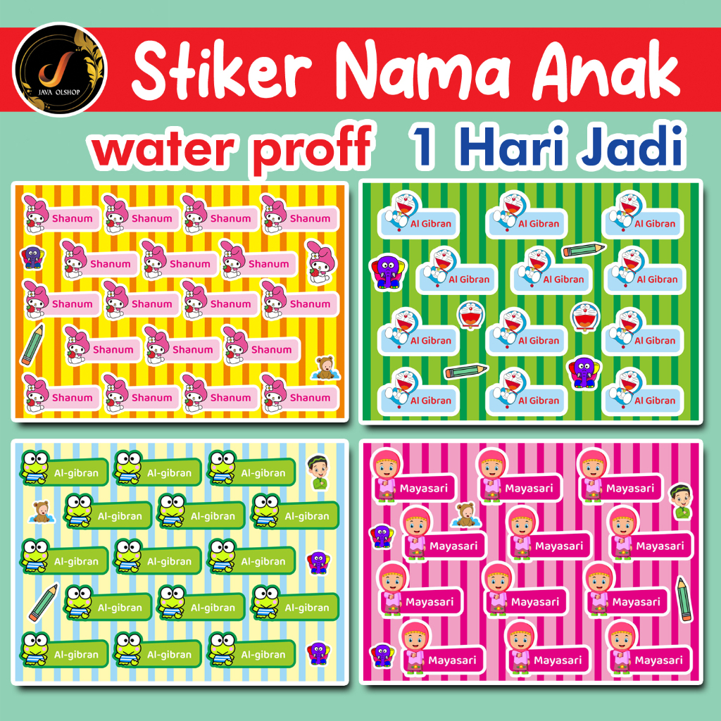 

( ISI 4 LBR) STICKER NAMA ANAK | BUKU TULIS | TEMPAT MINUM | TEMPAT MAKAN VINYL TAHAN AIR