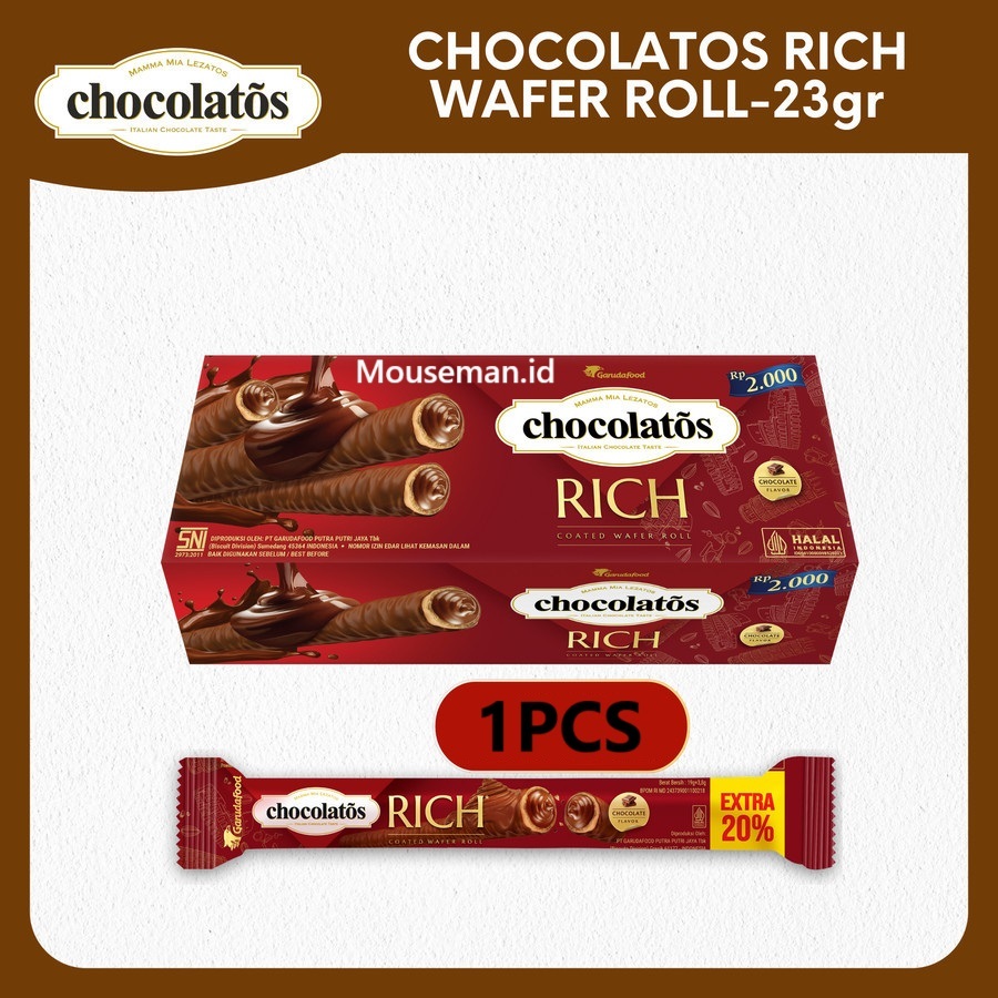 

Chocolatos RICH Wafer Roll isi Krim Cokelat Berlapis Coklat Coated Chocolate Flavor 19gr