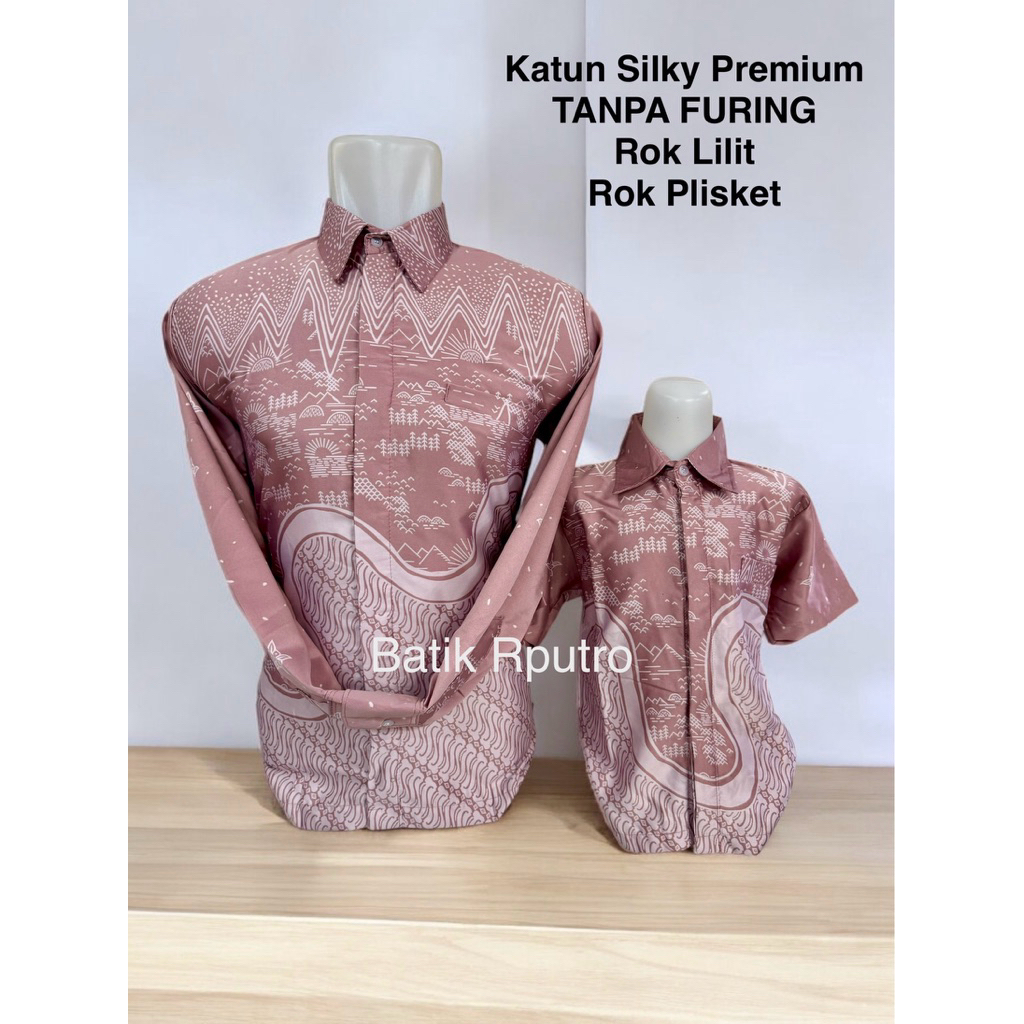PINK ROSEGOLD SILKY TIDAK PAKAI FURING,BATIK couple ayah anak ,rok lilit,rok plisket warna rosegold