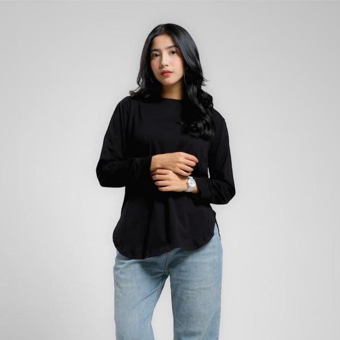 KAOS OVAL LENGAN PANJANG KARET BELAH MODEL OVAL KAOS POLOS WANITA ZOLAQU JUMBO