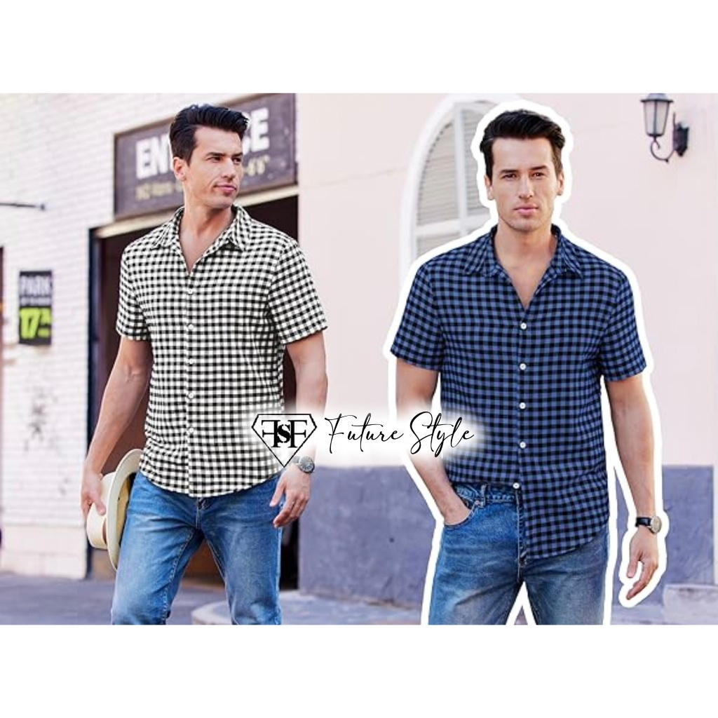 Kemeja Pria Lengan Pendek Jumbo Flanel Katun Kotak Model Casual Keren Atasan Cowok Import Premium