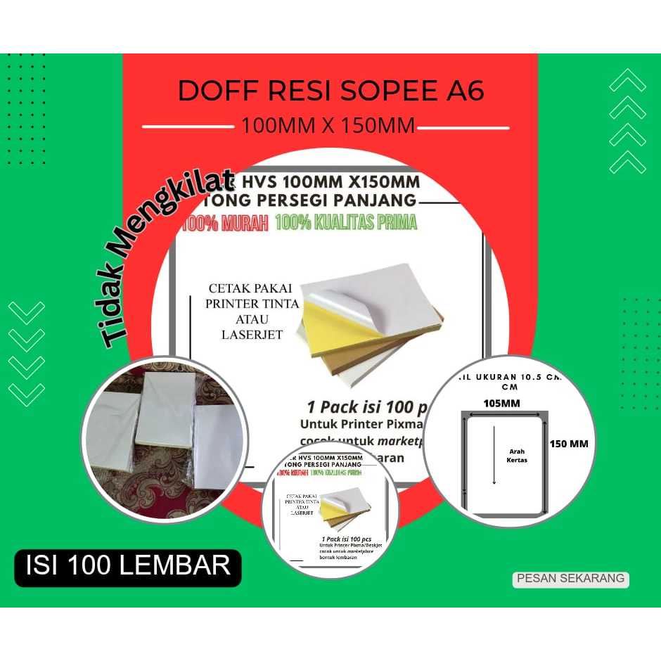 

DOFF TIDAK MENGKILAT Stiker Label Resi HVS A6 10Cm X 15Cm Untuk Olshop Shopee isi 100pcs
