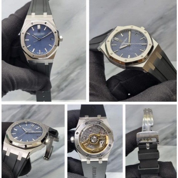 JAM TANGAN AUPIGE ROYAL OAK INSPIRED BLUE WAFFLE DIAL 41MM 155 00 RUBBER SUPER THIN ZF AP POLOS BLUE