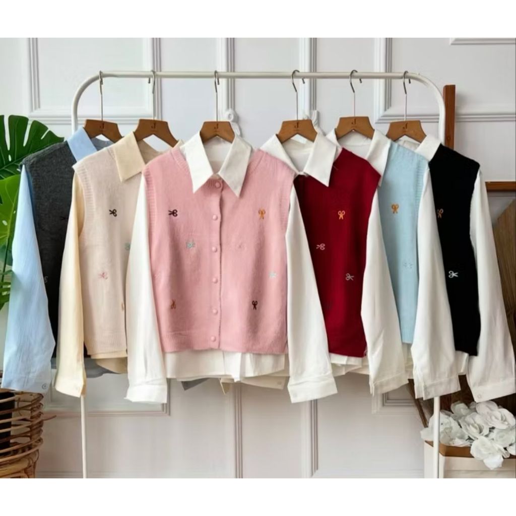 Kemeja Layer Vest Rajut Wanita - Set Atasan Kemeja & Rompi Import Premium 3D