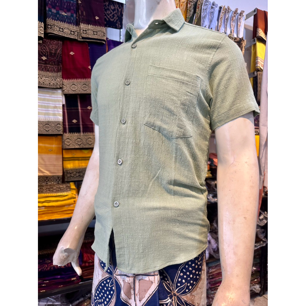 [ giska gallery ] Baju Kemeja Linen Slub Serat Warna Lengan Pendek & Panjang ( hitam , navy , putih 