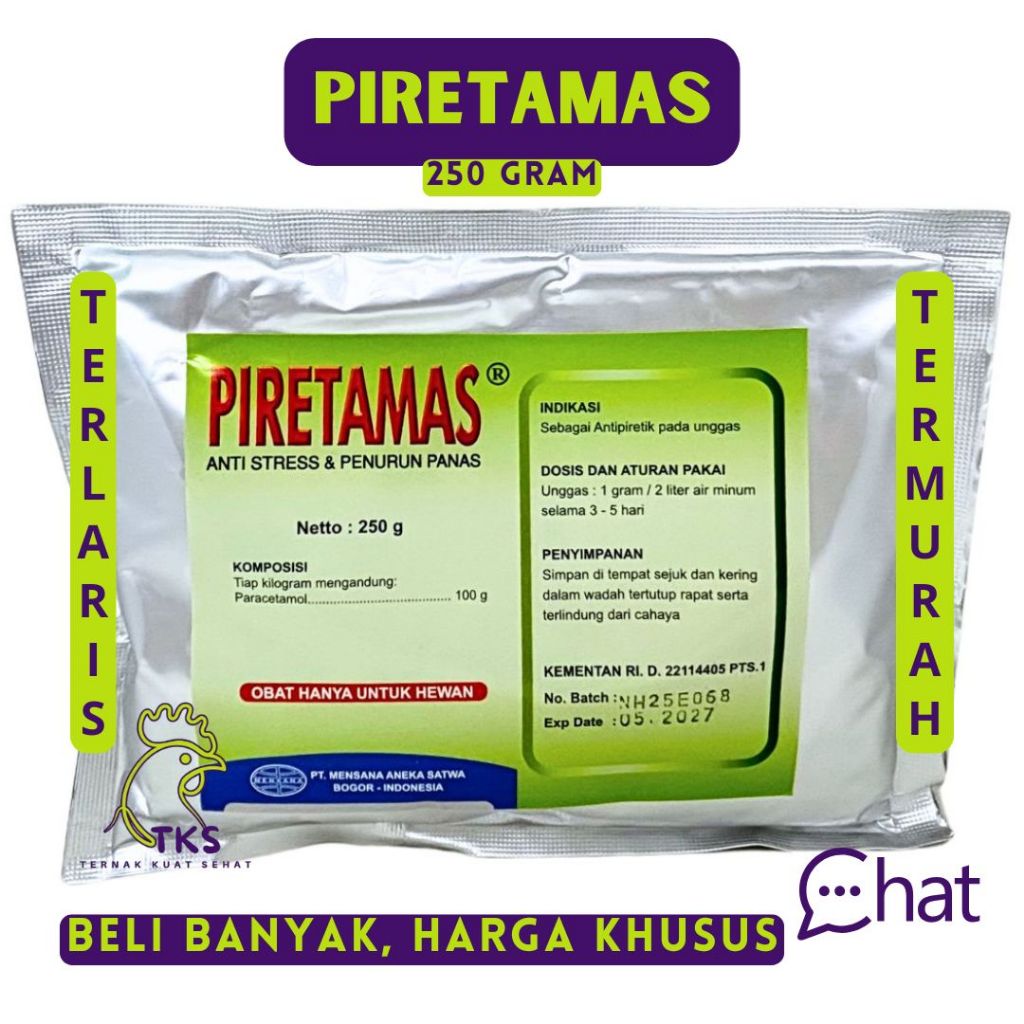 PIRETAMAS 250 GRAM – Mensana - Paracetamol Unggas Ayam Vitamin C Sorbitol Penurun Panas Gumboro CRD 