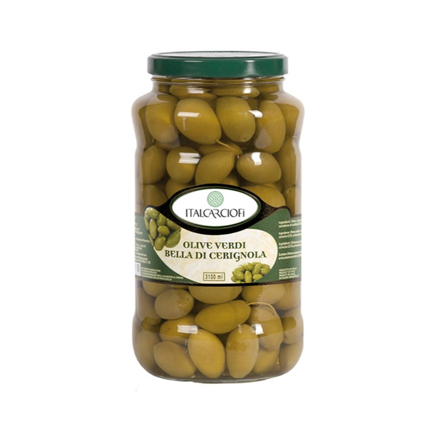 

ITALCARCIOFI Pitted Green Olive – Zaitun Hijau Tanpa Biji (Produk Italia Asli) 314 gr