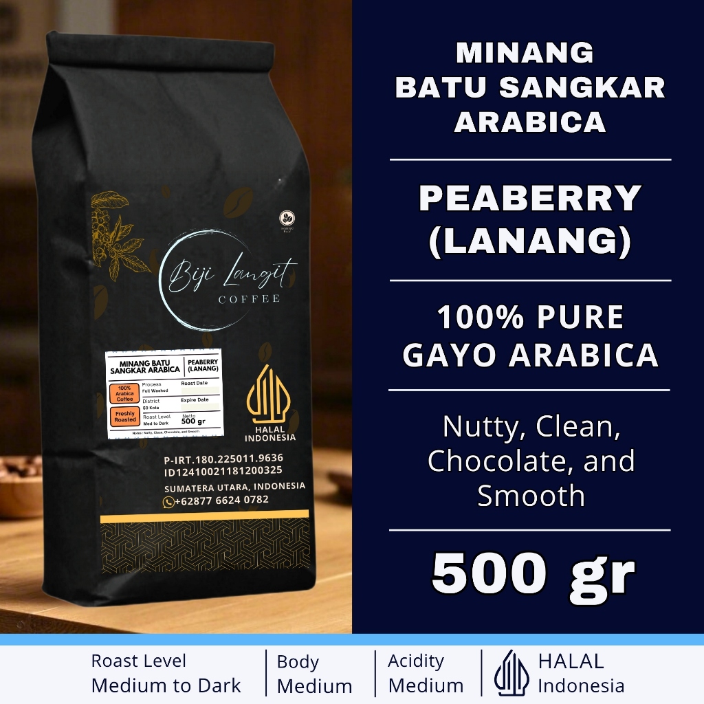 

500-gram-Biji-Kopi-Minang-50 Kota-Arabica-Peaberry-Lanang-100%-Pure-Arabica-Coffee-Bean