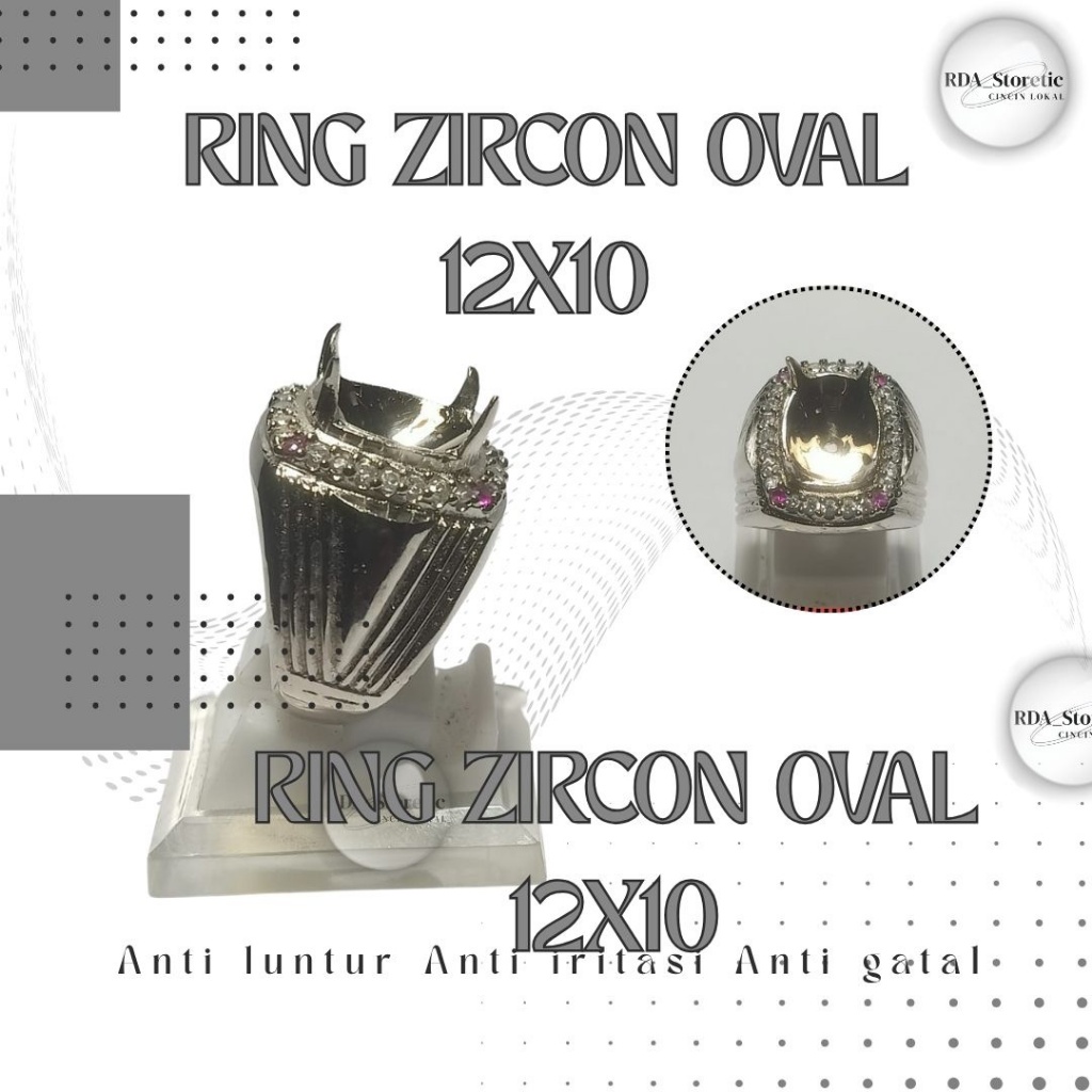 Ring Zirkon Oval 12x10 Alpaka Super Crom | Cincin Elegan Kilap Tahan Lama Anti Gatal | Size 6-9